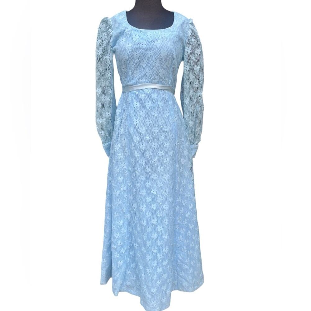 Vtg Ice Blue Floral Lace Bow Waist Sash Long Sleeved Coquette Modest Maxi Dress